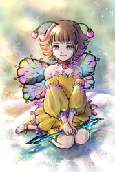  antennae artist_name barefoot bead_bracelet beads bracelet brown_hair butterfly_wings closed_mouth detached_sleeves eyelashes fairy female flipped_hair highres insect_wings jewelry long_sleeves looking_at_viewer multicolored_wings neck_ring original piyoco pointy_ears purple_eyes short_hair shorts sitting smile solo strapless v_arms wariza wings yellow_shorts yellow_sleeves 