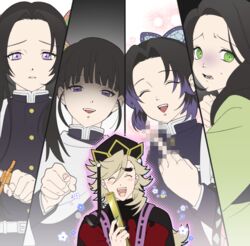  1boy 4girls :d annoyed bad_id bad_twitter_id black_background black_headwear blonde_hair blue_nails blur_censor butterfly_hair_ornament censored cloak closed_eyes colored_tips column_lineup commentary_request cup_198x177 demon_slayer_uniform douma_(kimetsu_no_yaiba) facing_viewer false_smile flipped_hair flower folded_fan folding_fan forked_eyebrows green_eyes green_kimono grey_background hair_between_eyes hair_ornament hand_fan hand_up haori happy hashibira_kotoha hat holding holding_fan holding_sword holding_weapon jacket japanese_clothes kimetsu_no_yaiba kimono kochou_kanae kochou_shinobu korean_commentary long_hair long_sleeves looking_at_viewer looking_to_the_side middle_finger multicolored_hair multiple_girls pointing pointing_at_viewer projected_inset purple_eyes purple_hair reaching reaching_towards_viewer red_shirt sad shaded_face shirt siblings side_ponytail sidelocks simple_background sisters smile sword tight_clothes tight_shirt tsuyuri_kanao turtleneck two-tone_hair updo upper_body weapon white_background white_cloak white_jacket wide_sleeves 