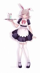  alternate_costume animal_ears apron artist_name bad_id bad_twitter_id black_footwear blush bow bowtie breasts center_frills closed_mouth commentary_request cup danganronpa_(series) danganronpa_2:_goodbye_despair dress drinking_glass drinking_straw enmaided fake_animal_ears female flipped_hair frills full_body galaga hair_ornament hairclip hajime_(gitoriokawaii) holding holding_tray light_brown_hair looking_at_viewer maid maid_apron mary_janes medium_hair nanami_chiaki pink_bow pink_bowtie pink_eyes puffy_short_sleeves puffy_sleeves purple_dress rabbit_ears shoes short_sleeves simple_background smile solo standing thighhighs tray white_apron white_background white_thighhighs zettai_ryouiki 