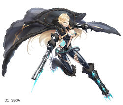  akamiso_(k074510) black_bodysuit black_cape black_footwear black_gloves blonde_hair blue_eyes body_markings bodysuit boots breasts cape female full_body fur_trim gloves glowing_markings gun highres holding holding_gun holding_weapon idola_phantasy_star_saga knee_boots large_breasts long_hair looking_at_viewer official_art open_mouth phantasy_star phantasy_star_online_2 serious shannon_(idola) shiny_clothes simple_background solo spikes weapon white_background 