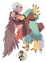  1boy abs absurdres animal_feet arm_strap arm_tattoo bare_shoulders bird_legs blonde_hair brown_feathers brown_wings claws commentary duel_monster feathered_wings feathers female green_feathers grey_hair harpy harpy_boy highres inu_fuji midriff mist_valley_falcon mist_valley_shaman monster_boy monster_girl muscular muscular_male pointy_ears red_eyes shadow short_hair simple_background talons tan tattoo white_background wings yu-gi-oh! 