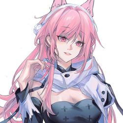  arknights bare_shoulders breasts cleavage detached_sleeves female grin hairband hand_up highres kakuka_(kakuka112) long_hair long_sleeves looking_at_viewer official_alternate_costume parted_lips pink_eyes pink_hair pozyomka_(arknights) pozyomka_(snowy_plains_in_words)_(arknights) simple_background smile solo strapless upper_body very_long_hair white_background white_hairband 