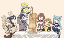  3boys 5girls aoyagi_touya aqua_eyes aqua_hair azusawa_kohane black_hair black_jacket blazer blonde_hair blue_eyes blue_hair blue_skirt bow brown_hair brown_shirt brown_skirt chef chef_hat closed_eyes commentary cup flag flat_top_chef_hat food green_eyes hairbow hat hatsune_miku hazuki_015 highres holding holding_cup holding_flag holding_tray holding_whisk jacket jacket_on_shoulders jacket_over_hoodie jewelry kagamine_len kagamine_rin light_brown_hair long_hair meiko_(vocaloid) miniskirt multicolored_hair multiple_boys multiple_girls necklace on_shoulder open_mouth orange_hair pancake pancake_stack plate pleated_skirt pouring project_sekai puff_of_air red_jacket shinonome_akito shiraishi_an shirt short_hair short_ponytail short_twintails skirt smile spiked_hair split-color_hair sweatdrop syrup table teacup too_many tray twintails two-tone_hair v-shaped_eyebrows very_long_hair vivid_bad_squad_(project_sekai) vivid_bad_squad_len vivid_bad_squad_meiko vivid_bad_squad_miku vivid_bad_squad_rin vocaloid whisk 