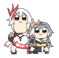  2girls :3 bangs bkub_(style) chibi china_dress chinese_clothes dress fu_hua fu_hua_(herrscher_of_sentience) fu_hua_(phoenix) full_body grey_hair hair_between_eyes hair_ornament honkai_(series) honkai_impact_3rd long_hair looking_at_viewer multicolored_hair multiple_girls ponytail red_eyes simple_background streaked_hair uneven_sleeves white_background zaraku 