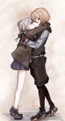  2girls absurdres ahoge bad_id bad_pixiv_id balsamico_su blonde_hair character_name closed_eyes fingerless_gloves full_body girls&#039;_frontline gloves grey_hair hair_ornament hairclip hand_on_another&#039;s_head heart height_difference highres hug kissing m200_(girls&#039;_frontline) medium_hair mg338_(girls&#039;_frontline) miniskirt multiple_girls shoes short_hair shorts skirt sneakers tiptoe_kiss tiptoes yuri 