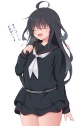  88942731ne ahoge black_hair black_serafuku black_shirt black_skirt closed_eyes commentary_request cowboy_shot crescent crescent_pin female highres holding holding_microphone kantai_collection long_hair long_sleeves microphone mikazuki_(kancolle) miniskirt music musical_note neckerchief one-hour_drawing_challenge pleated_skirt school_uniform serafuku shirt singing skirt solo translation_request white_neckerchief 