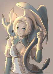  2020 adventurer_(ff11) aqua_sleeves bare_shoulders blonde_hair blue_hair breasts brown_gloves cleavage cross-laced_clothes dated detached_sleeves dragon dragoon_wyvern_(ff11) female final_fantasy final_fantasy_xi gloves hair_intakes hand_up highres hume light_blue_hair long_sleeves looking_at_viewer medium_breasts pink_lips piyoco short_hair smile solo 