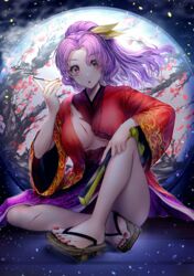  absurdres breasts brown_footwear cigarette eyes_visible_through_hair female hair_between_eyes hair_ribbon hand_fan hand_up highres holding japanese_clothes kimono komakusa_sannyo long_hair long_sleeves looking_at_viewer medium_breasts moon multicolored_clothes multicolored_kimono night night_sky open_mouth ponytail purple_hair purple_kimono red_eyes red_kimono red_nails red_sleeves ribbon sitting sky slippers solo tabiji_(tabiji_s) touhou yellow_ribbon 