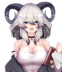  blue_eyes book breasts corrupted_metadata crop_top demon_girl demon_horns female grey_hair horns khibiki large_breasts mole mole_under_eye north_yuka official_art pale_skin pointy_ears project-sp revealing_clothes sheep_horns solo virtual_youtuber white_background 