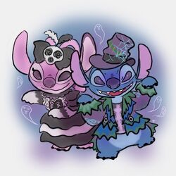  1:1 2018 alien angel_(lilo_and_stitch) antennae_(anatomy) blue_nose bottomless canon_couple clothed clothing costume disney dress duo experiment_(lilo_and_stitch) fluffy_land halloween hat headgear headwear holidays lilo_and_stitch looking_at_viewer multicolored_antennae notched_ear open_mouth open_smile pink_body purple_eyes purple_nose smile stitch_(lilo_and_stitch) top_hat two_tone_antennae 