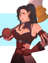  black_hair breasts brown_gloves cleavage cleavage_cutout clothing_cutout cosplay detached_sleeves earrings elezen elf female final_fantasy final_fantasy_xiv fire_emblem fire_emblem:_three_houses gloves hair_between_eyes hand_on_own_hip highres hilda_valentine_goneril hilda_valentine_goneril_(cosplay) hilda_ware hyur jewelry koyorin looking_at_viewer medium_breasts name_connection pointy_ears ponytail red_eyes solo 