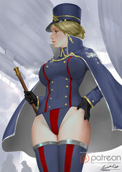  aircraft ariverkao black_gloves blonde_hair blue_eyes breasts chinese_commentary cloak closed_mouth commentary_request dated dirigible female gloves hand_on_own_hip hat large_breasts leotard lips looking_to_the_side original patreon_logo short_hair signature silhouette solo thighhighs uniform watermark web_address 