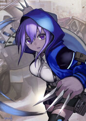  arknights black_shorts blue_jacket blue_poison_(arknights) blue_poison_(arknights)_(cosplay) breasts buttons cosplay crowd dark-skinned_female dark_skin eyebrows_hidden_by_hair fate/grand_order fate/prototype fate/prototype:_fragments_of_blue_and_silver fate_(series) female hassan_of_serenity_(fate) highres holding holding_knife holding_weapon hood hood_up hooded_jacket jacket knife medium_breasts parted_lips purple_eyes purple_hair reunion_soldier_(arknights) shirt short_hair short_hair_with_long_locks shorts solo thighhighs throwing_knife wanko_(realsight) weapon white_shirt 