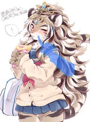  ... absurdres animal_ears back blue_skirt blush boku002 brown_fur cheek_poking cowboy_shot crown durga_(housamo) female food furry furry_female highres holding holding_food light_brown_hair long_hair looking_at_viewer one_eye_closed orange_eyes poking school_uniform sidelocks skirt solo_focus tail tiger_ears tiger_girl tiger_tail tokyo_afterschool_summoners 