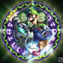  1boy amyroser blue_eyes brown_hair canine dive_to_the_heart facial_hair ghost gloves green_headwear green_shirt highres holding kingdom_hearts looking_down luigi luigi&#039;s_mansion male_focus mario mario_(series) moustache open_hand overalls parody poltergust_g-00 polterpup princess_daisy professor_elvin_gadd shirt stained_glass super_mushroom super_smash_bros. toad_(mario) white_gloves worried yoshi 