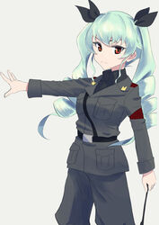  absurdres anchovy_(girls_und_panzer) anzio_military_uniform belt commentary dress_shirt drill_hair female girls_und_panzer highres jacket jodhpurs long_hair long_sleeves looking_at_viewer military military_uniform necktie oritako pants riding_crop sam_browne_belt shirt simple_background solo standing twin_drills twintails uniform wing_collar 