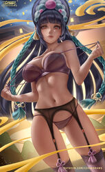  bare_shoulders black_hair bra bra_pull breasts cleavage clothes_pull commentary english_commentary female garter_belt genshin_impact hair_ornament highres izhardraws large_breasts lingerie looking_at_viewer nail_polish navel orange_eyes panties pinup_(style) solo strap_pull thick_thighs thighhighs thighs underwear yun_jin_(genshin_impact) 