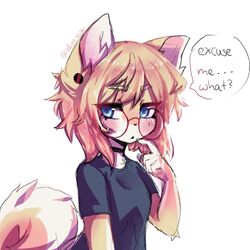  alternate_costume anakoluth animal_ears aska_(anakoluth) blonde_hair blue_eyes blue_shirt blush choker dog_ears dog_girl dog_tail english_text female finger_to_mouth furry furry_female highres looking_at_viewer original shirt short_hair short_sleeves solo speech_bubble tail 