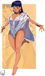  absurdres alternate_costume bare_legs bare_shoulders barefoot black_hair blunt_bangs blur_censor breasts censored censored_feet chel_(the_road_to_el_dorado) commentary dark-skinned_female dark_skin earrings fake_censor feet female full_body gold_bracelet gold_earrings highres jewelry l4wless legs long_hair looking_at_viewer medium_breasts naked_poncho parted_lips poncho prototype_design signature solo standing standing_on_one_leg strapless the_road_to_el_dorado thick_thighs thighs toes 