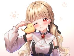  animal_on_shoulder bird black_ribbon blonde_hair blunt_bangs blush braid brooch capelet chick chick_on_shoulder closed_mouth detached_sleeves earrings female floral_print gradient_background hair_ribbon hand_up highres jewelry kogara_toto long_hair long_sleeves looking_at_viewer low_twintails lupinus_virtual_games one_eye_closed red_brooch red_eyes ribbon shirt sleeveless sleeveless_shirt solo sun_print toki_(toki_ship8) twintails upper_body virtual_youtuber vspo! white_capelet white_shirt white_sleeves 