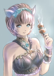  :t adventurer_(ff11) animal_ears aqua_background aqua_bow artist_name bare_shoulders blue_eyes bow bracelet breasts brown_hair cat_ears cleavage closed_mouth eyelashes female final_fantasy final_fantasy_xi food frills hairbow hand_up holding jewelry kebab medium_breasts mithra_(ff11) piyoco short_hair skewer solo steam 