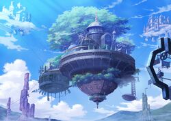  ashiya_azumi blue_sky bridge city cloud commentary_request day fantasy floating_city highres mountain nature no_humans original outdoors scenery sky 