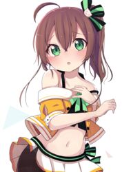  :o absurdres ahoge bare_shoulders black_camisole black_pantyhose blush bow brown_hair camisole cat_hair_ornament collarbone commentary_request crop_top female green_bow green_eyes groin hair_between_eyes hair_ornament hand_over_heart highres hololive jacket long_hair looking_at_viewer midriff natsuiro_matsuri natsuiro_matsuri_(1st_costume) navel off-shoulder_jacket off_shoulder okota_mikan orange_jacket panties panties_under_pantyhose pantyhose parted_lips pinstripe_camisole pinstripe_pattern pleated_skirt puffy_short_sleeves puffy_sleeves short_sleeves side_ponytail skirt solo striped teeth thighband_pantyhose underwear upper_teeth_only virtual_youtuber white_background white_panties white_skirt 