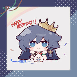  black_hair blue_eyes blush_stickers chibi closed_mouth commentary_request crown eta female fu_hua fu_hua_(night_squire) hair_between_eyes hands_up happy_birthday highres honkai_(series) honkai_impact_3rd jingwei_(bird) long_hair looking_at_viewer mini_crown rainbow smile solo tiles 