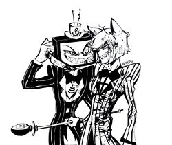  2boys alastor_(hazbin_hotel) antennae bad_id bad_pixiv_id bow bowtie demon demon_boy formal hair_ears hat hazbin_hotel highres holding holding_knife jacket knife male_focus microphone multiple_boys pinstripe_pattern pinstripe_suit rangfe_myudyu sharp_teeth signal_bar striped_clothes striped_jacket suit teeth television top_hat vintage_microphone vox_(hazbin_hotel) 