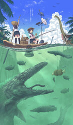  2girls aki_(akisora_hiyori) arapaima backpack bag banana black_legwear blue_skirt blush boat boned_meat brachiosaurus brown_hair building cloud commentary day dinosaur fish fishing fishing_rod food fruit hat highres holding holding_fishing_rod holding_food long_hair meat mosasaurus multiple_girls neckerchief original outdoors palm_tree partially_underwater_shot pleated_skirt pterosaur purple_hair red_neckerchief rice_hat sailor_collar sailor_shirt satellite_dish scenery school_uniform serafuku shirt short_hair short_sleeves sign skirt socks solar_panel translated tree water watercraft weather_vane white_shirt 