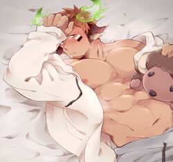  1boy abs absurdres animal_ears bara bare_pectorals blush boku002 breath brown_eyes brown_hair casual cow_boy cow_ears cow_horns dark-skinned_male dark_skin eye_black facial_hair fiery_horns forked_eyebrows full-face_blush glowing_horns goatee grey_pants highres holding holding_stuffed_toy hood hood_down hooded_jacket horns jacket large_pectorals long_sideburns lying male_focus muscular muscular_male navel nipples nose_blush official_alternate_costume on_back open_clothes open_jacket pants pectorals short_hair sideburns solo spiked_hair stomach stuffed_toy thick_eyebrows tokyo_afterschool_summoners wakan_tanka 