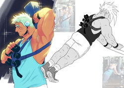  1boy affectionate aqua_tank_top arm_behind_head armpit_hair armpits bara belly black_cat blue_tank_top collage exercising facial_hair feline from_side goatee_stubble headpat highres large_pectorals livio_the_doublefang long_sideburns male_focus mature_male multiple_views muscular muscular_male mustache_stubble pectorals petting plump reference_inset renny_(renny_rose) short_hair shorts sideburns sidepec sparkle_background stubble tank_top thick_eyebrows tiktok trigun trigun_maximum weightlifting white_hair 