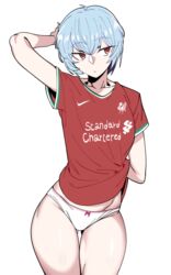  arm_behind_back arm_up ass_visible_through_thighs ayanami_rei blue_hair bow bow_panties clothes_writing commentary contrapposto cowboy_shot expressionless female flat_chest highres jersey liverpool_fc looking_to_the_side neon_genesis_evangelion nike_(company) no_pants panties pink_panties premier_league red_eyes red_shirt shirt short_hair solo standing t-shirt thigh_gap thighs underwear urec white_background 