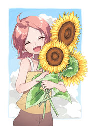  bad_id bad_pixiv_id brown_shorts camisole closed_eyes cloud cowboy_shot female flower highres holding holding_flower leaf luo_xiaobai luo_xiaohei_zhanji open_mouth osushi_templa pink_hair short_hair shorts smile solo sunflower yellow_camisole yellow_flower 