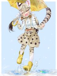  :d ^_^ absurdres amemiya_neru animal_ear_fluff animal_ears blonde_hair blue_background boots bow bowtie brown_hair cat_ears cat_tail closed_eyes commentary_request fangs female full_body geoffroy&#039;s_cat_(kemono_friends) gradient_background hair_between_eyes hair_ribbon happy highres kemono_friends long_hair long_sleeves low_twintails multicolored_hair open_mouth paw_print print_bow print_bowtie print_skirt print_sleeves print_thighhighs puddle ribbon rubber_boots shirt signature simple_background skirt smile solo suspender_skirt suspenders tail thighhighs twintails two-tone_hair umbrella water white_ribbon white_shirt yellow_footwear 