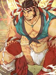  1boy abs arm_hair bad_id bad_twitter_id bara bulge chest_hair commission feet_out_of_frame forked_eyebrows fundoshi gradient_skin hachimaki hairy happi headband inactive_account japanese_clothes jewelry large_pectorals leg_hair long_sideburns looking_to_the_side magatama magatama_necklace male_focus mature_male midriff_sarashi muscular muscular_male navel_hair necklace nejiri_hachimaki pectoral_cleavage pectorals sarashi shirt short_hair sideburns skeb_commission solo squatting stomach tajikarao_(housamo) thick_eyebrows thick_thighs thighs tied_shirt tied_sleeves tokyo_afterschool_summoners tusks veins veiny_arms yoshiyuki_(nein69yoshiyuki) 