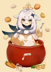  bad_id bad_pixiv_id blue_eyes blush cape carrot celery dress female food fork genshin_impact hair_between_eyes halo highres looking_at_viewer mushroom onion open_mouth paimon_(genshin_impact) pot potato romper scarf short_hair soup sugar_cube white_dress white_hair white_romper xoaiu 