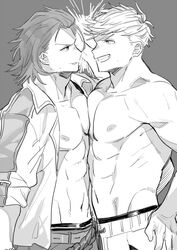  2boys abs bad_id bad_twitter_id bara bare_pectorals blush eye_contact glaring granblue_fantasy greyscale large_pectorals looking_at_another male_focus male_swimwear migi_(mm86262394) monochrome multiple_boys muscular muscular_male navel nipples open_clothes open_shirt pectorals percival_(granblue_fantasy) percival_(summer)_(granblue_fantasy) short_hair swim_trunks undercut upper_body vane_(granblue_fantasy) vane_(summer)_(granblue_fantasy) 