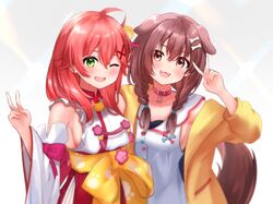  2girls :d ;d ahoge animal_ears bell blush bone_hair_ornament breasts brown_eyes brown_hair commentary_request detached_sleeves dog_ears dog_tail dress extra_ears fangs green_eyes hair_bell hair_between_eyes hair_ornament highres hololive inugami_korone inugami_korone_(1st_costume) jacket jingle_bell long_hair long_sleeves looking_at_viewer medium_breasts multiple_girls one_eye_closed open_clothes open_jacket paw_print red_eyes red_skirt sakura_miko sakura_miko_(1st_costume) sash shirt sideless_kimono skirt sleeveless sleeveless_dress smile tail takumin_dx upper_body v virtual_youtuber white_dress white_shirt yellow_jacket yellow_sash 