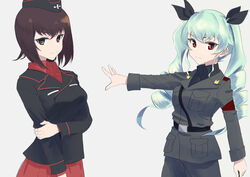  2girls absurdres anchovy_(girls_und_panzer) anzio_military_uniform belt commentary dress_shirt drill_hair garrison_cap girls_und_panzer hand_on_own_arm hat highres jacket jodhpurs kuromorimine_military_uniform long_hair long_sleeves looking_at_viewer military military_hat military_uniform multiple_girls necktie nishizumi_maho oritako pants pleated_skirt riding_crop sam_browne_belt shirt short_hair simple_background skirt standing twin_drills twintails uniform wing_collar 