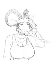  big_breasts bovid breasts caprine caprine_demon choker clothed clothing demon electronics female goat_demon hi_res hladilnik horn jewelry lucy_(hladilnik) mammal monochrome necklace phone scar solo 