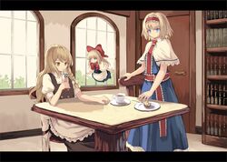  3girls :/ alice_margatroid apron bad_id bad_twitter_id black_vest blonde_hair bloom blue_dress blue_eyes book bookshelf bow bowtie braid breasts bright_pupils buttons capelet chair closed_mouth cup day door dress drinking drinking_straw expressionless eyebrows_hidden_by_hair feet_out_of_frame food fork frills hair_ribbon hairband hairbow holding holding_cup hourai_doll indoors kirisame_marisa leaf letterboxed lolita_hairband long_hair looking_ahead multiple_girls no_headwear ookashippo plate puffy_short_sleeves puffy_sleeves red_bow red_bowtie red_hairband red_sash ribbon sash saucer short_hair short_sleeves side_braid single_braid sitting small_breasts standing swept_bangs table tea teacup touhou tress_ribbon vest waist_apron white_apron white_bow white_capelet window yellow_eyes 