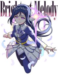  blue_hair breasts brightest_melody commentary earrings english_text feathers female jewelry long_hair long_sleeves looking_at_viewer love_live! love_live!_sunshine!! low_ponytail matsuura_kanan medium_breasts pants ponytail purple_eyes sidelocks smile solo transparent_background waste-man wing_hair_ornament 