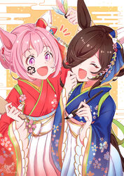  2girls :d alternate_hairstyle animal_ears artist_name black_hair blue_kimono calligraphy_brush closed_eyes commentary ear_covers ear_ornament egasumi facepaint hagoita hair_ornament hair_over_one_eye hair_up hakama hane_(hanetsuki) hanetsuki haru_urara_(first_urara_saku_sakura)_(umamusume) haru_urara_(umamusume) highres holding holding_brush holding_paddle holding_paintbrush horse_ears horse_girl horse_tail japanese_clothes kimono laughing long_sleeves looking_at_another multiple_girls new_year notice_lines official_alternate_costume open_mouth paddle paintbrush pink_hair purple_eyes red_kimono rice_shower_(umamusume) short_hair signature single_ear_cover smile standing tail tasuki tied_hair twitter_username umamusume watawatage white_hakama wide_sleeves 