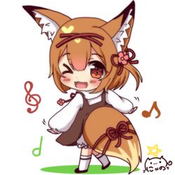  &gt;_o ;d animal_ear_fluff animal_ears black_footwear blush_stickers brown_dress brown_eyes brown_hair chibi colored_shadow commentary_request dress eighth_note female flower fox_ears fox_girl fox_tail full_body hair_between_eyes hair_flower hair_ornament hairclip heart heart_in_eye kneehighs koume_(vrchat) long_sleeves looking_at_viewer looking_to_the_side musical_note nyano21 oerba_yun_fang one_eye_closed one_side_up open_mouth pink_flower puffy_long_sleeves puffy_sleeves quarter_note red_ribbon ribbon shadow shirt short_hair signature sleeveless sleeveless_dress sleeves_past_wrists smile socks solo standing standing_on_one_leg star_(symbol) symbol_in_eye tail tail_ornament tail_ribbon treble_clef vrchat white_background white_shirt white_socks x_hair_ornament 