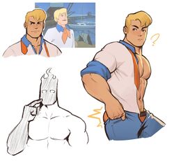  2boys ? absurdres ass_lift bara blonde_hair blue_pants blue_shirt closed_mouth collage dressing fred_jones helbai highres i&#039;ve_never_seen_a_guy_recreate_this_successfully_tbh_(meme) large_pectorals male_focus male_underwear male_underwear_peek meme multiple_boys navel_hair necktie open_clothes open_pants open_shirt orange_male_underwear original pants pants_lift pectorals photo-referenced scooby-doo shirt short_hair simple_background smile two-tone_shirt undersized_clothes underwear undone_necktie white_shirt 