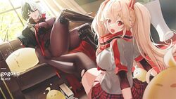  2girls azur_lane black_footwear black_gloves black_hair black_scarf blonde_hair bluecher_(azur_lane) bodystocking boots breasts bruenhilde_(azur_lane) commentary couch crossed_legs dutch_angle gloves gogoco grey_shirt hair_between_eyes heart indoors knee_boots large_breasts loading_screen looking_at_viewer looking_back manjuu_(azur_lane) miniskirt multicolored_clothes multicolored_hair multicolored_scarf multiple_girls official_art on_couch on_floor open_mouth plaid plaid_skirt red_eyes red_scarf red_skirt scarf shirt short_hair short_sleeves sitting skirt split-color_hair third-party_source twintails two-tone_hair white_hair 