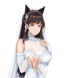  animal_ears atago_(azur_lane) atago_(lily-white_vow)_(azur_lane) azur_lane breasts bridal_veil brown_hair closed_mouth cozie178 dress female fingernails hand_on_breast highres long_hair looking_at_viewer medium_breasts mole mole_under_eye official_alternate_costume smile solo veil wedding_dress white_background white_dress yellow_eyes 