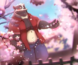  2022 anthro badger baw0sox belly black_body black_nose blush bottomwear cherry_blossom cherry_blossom_tree cherry_tree clothed clothing detailed_background flower fruit_tree hi_res humanoid_hands kemono male mammal mustelid musteline one_eye_closed open_clothing open_shirt open_topwear outside pants plant prunus_(flower) shirt solo topwear tree white_body wink 