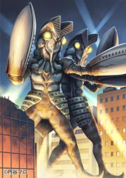  baltan_seijin building night no_humans nurikabe_(mictlan-tecuhtli) official_art outdoors searchlight standing tokusatsu ultra_series ultraman_(1st_series) watermark yellow_eyes 